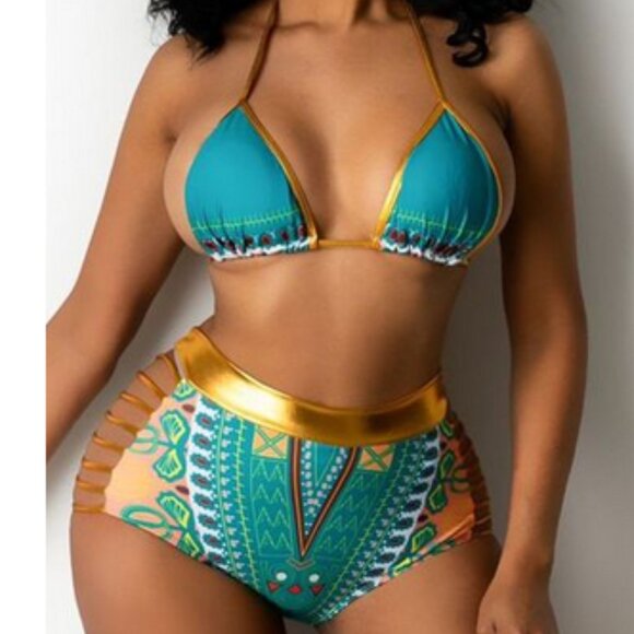 Other - Sexy Jade Gold Metallic Tribal Print Strappy Detail Halter Two Piece Swimsuit